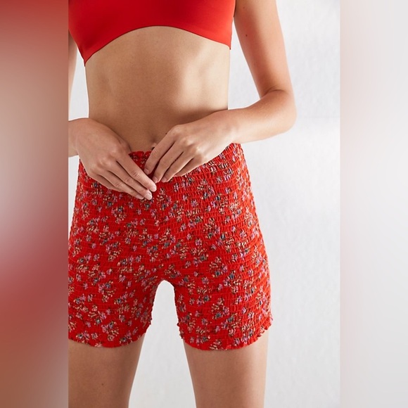 SOLD Free People One Smocked Bike Short Red, Floral Maia Viscose - Picture 1 of 6
